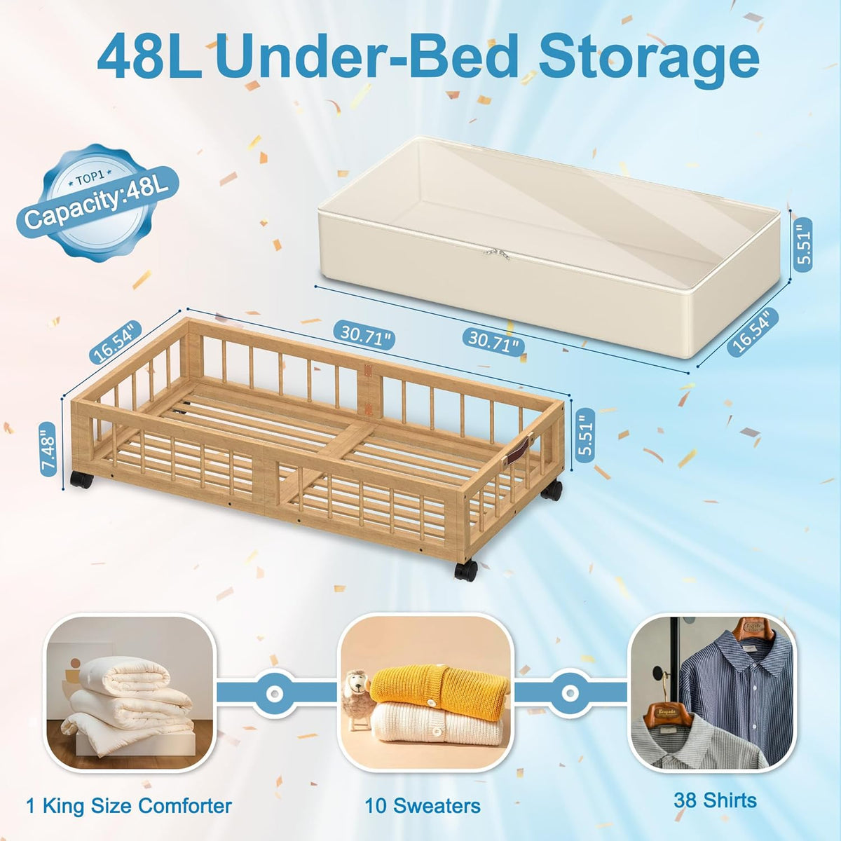efluky 2-Pack Bamboo Under Bed Storage with Wheels, Rolling UnderBed Storage Basket with Large Dust