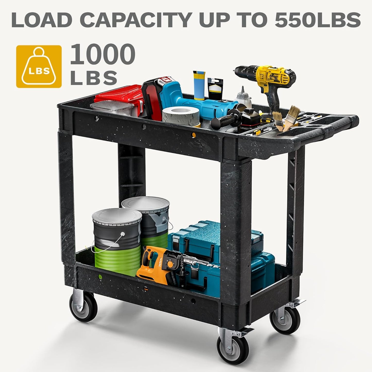 DWVO Utility Cart, 1000 lbs Capacity, 2 Shelf Heavy Duty Plastic Service Utility Cart on Wheels