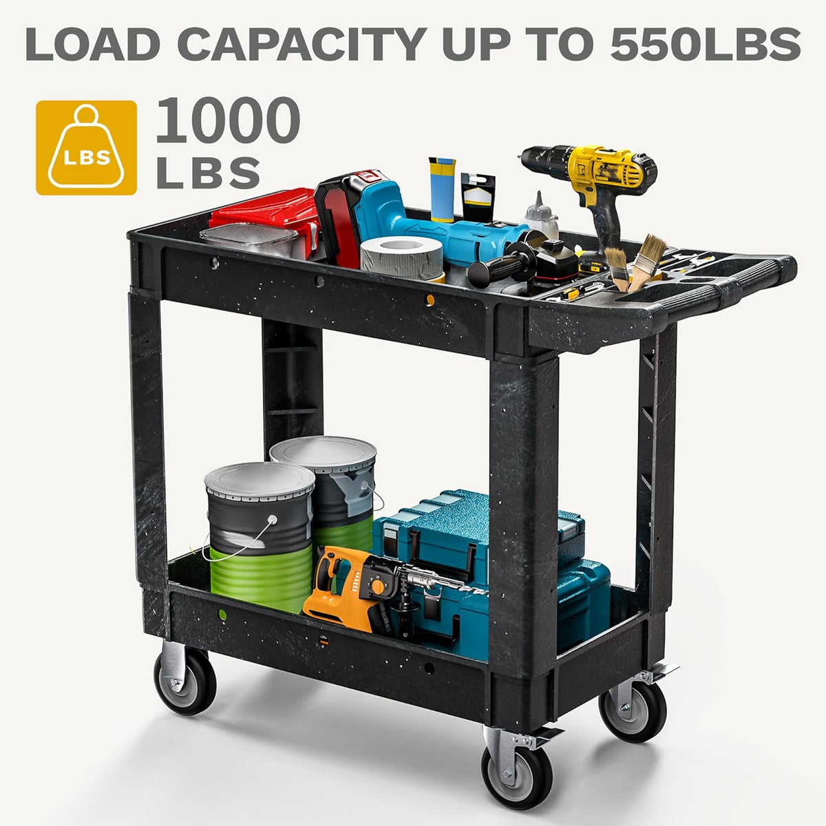 DWVO Utility Cart, 1000 lbs Capacity, 2 Shelf Heavy Duty Plastic Service Utility Cart on Wheels