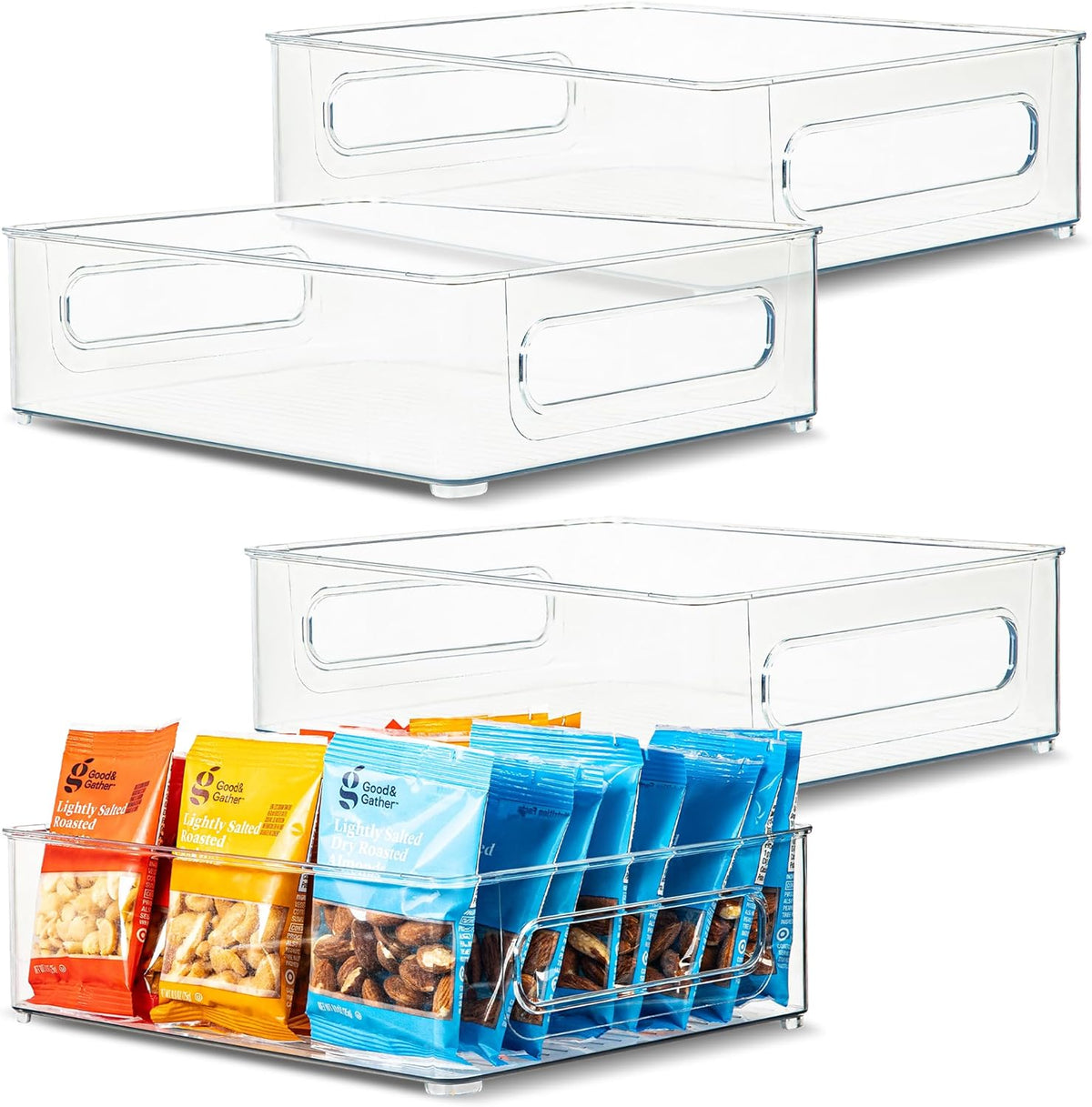 Plastic Food Storage 4 Pack Clear Container Bin with Handles for Organizing Kitchen, Pantry