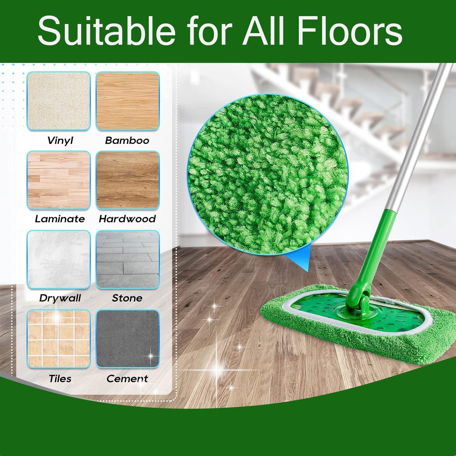 Reusable Microfiber Mop Pads Washable Wet & Dry Sweeping Cloths Mop Head Replacement for Household