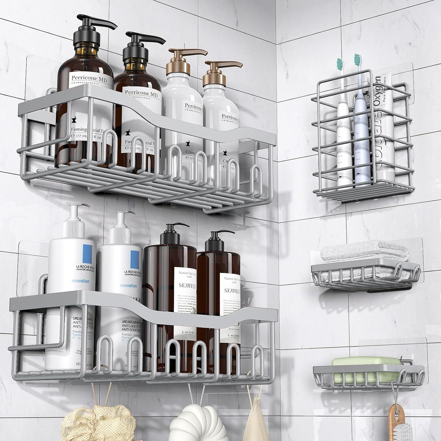 EUDELE 5-Pack Rustproof Stainless Steel Shower Caddy – No Drill Adhesive Bathroom Organizer with