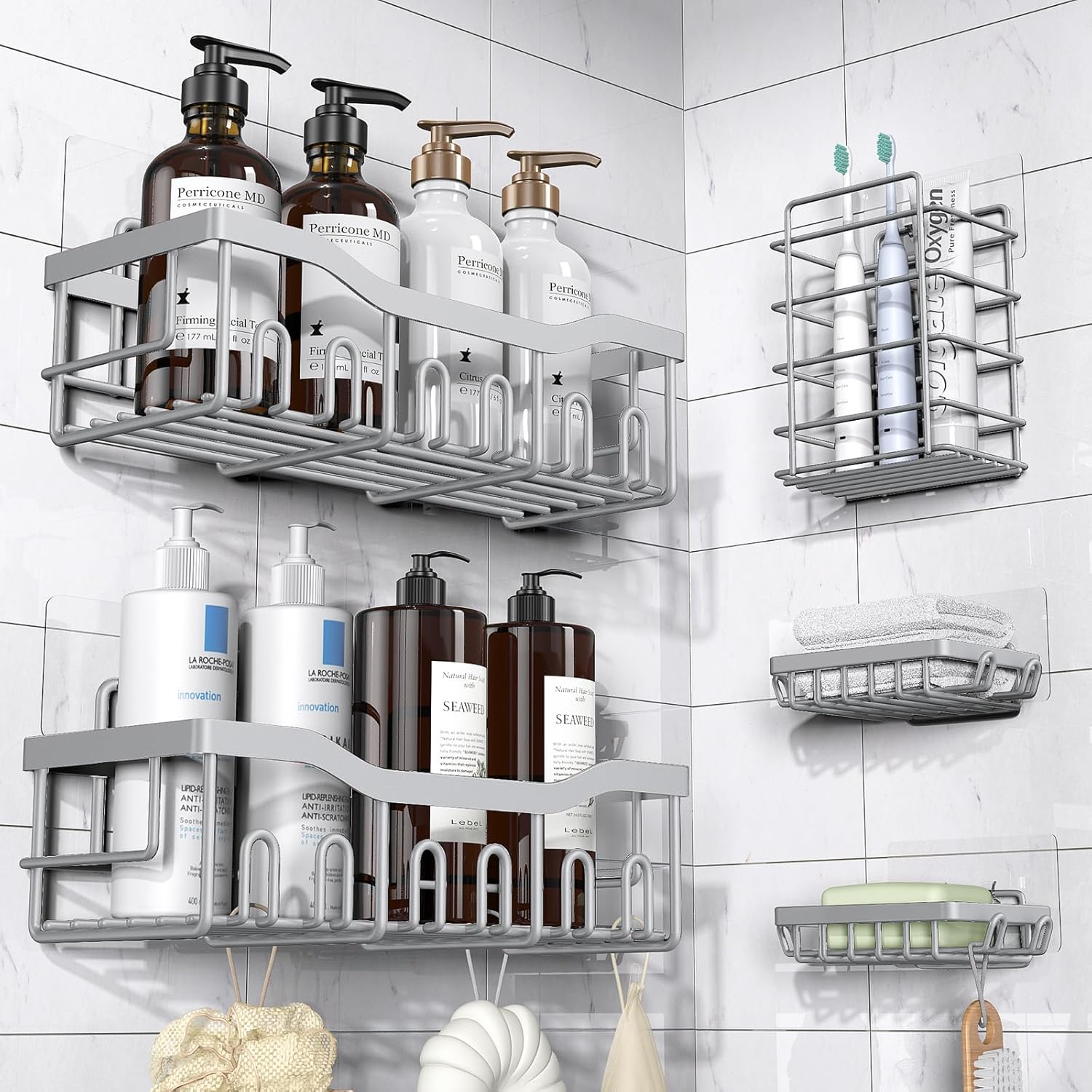 EUDELE 5-Pack Rustproof Stainless Steel Shower Caddy – No Drill Adhesive Bathroom Organizer with