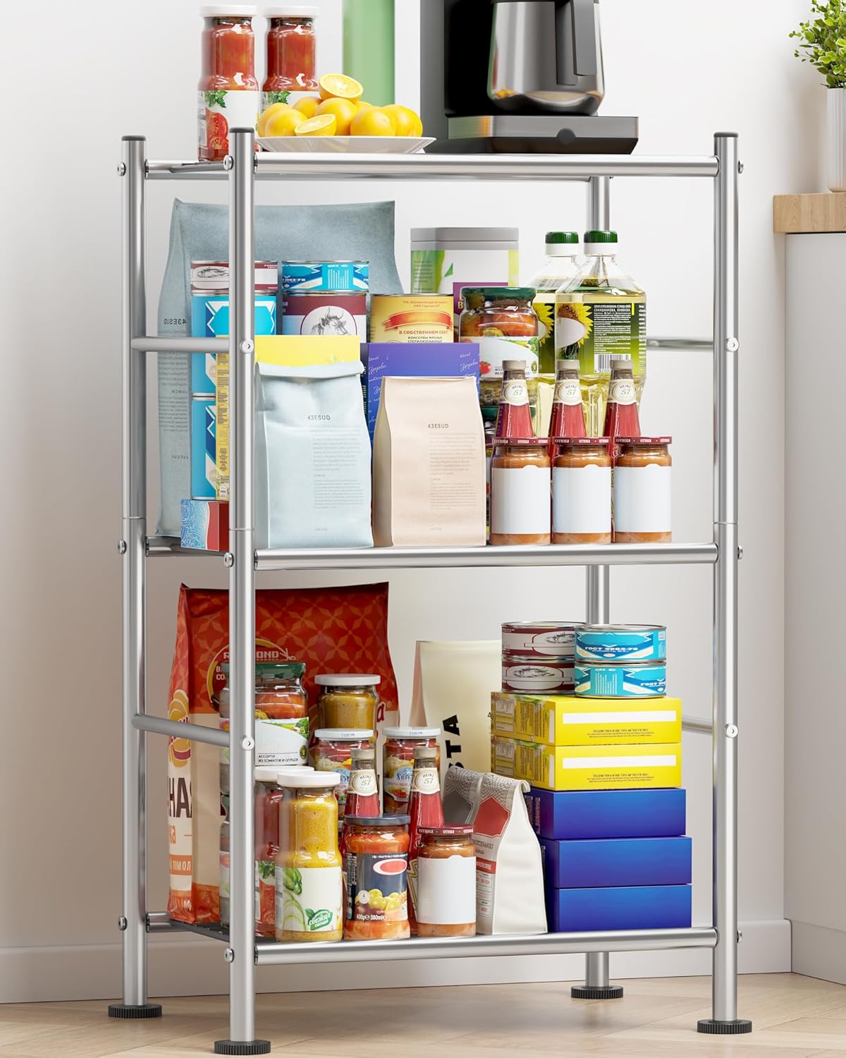 Storage Shelves - 3 Tier Shelf Organizer, Sturdy Metal Shelving with Adjustable Leveling Feet