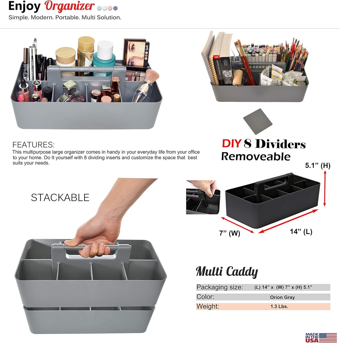 2 PACK - Portable DIY 8 Dividers Durable Plastic Tote Tool & Supply Cleaning Caddy with Handle Made