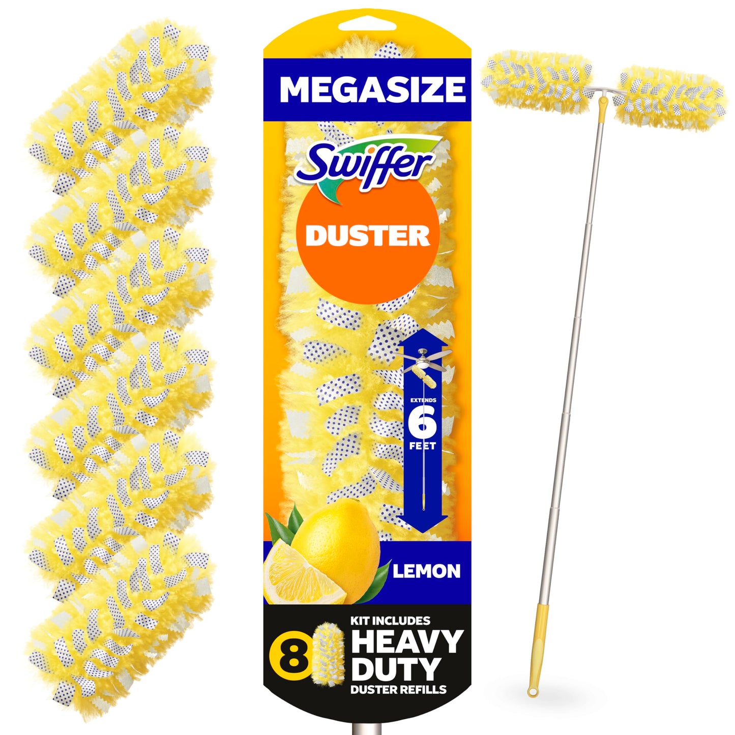 Swiffer Duster Kit with 6 ft Super Extendable Handle, Heavy Duty Starter Kit with 8 Refills, Lemon