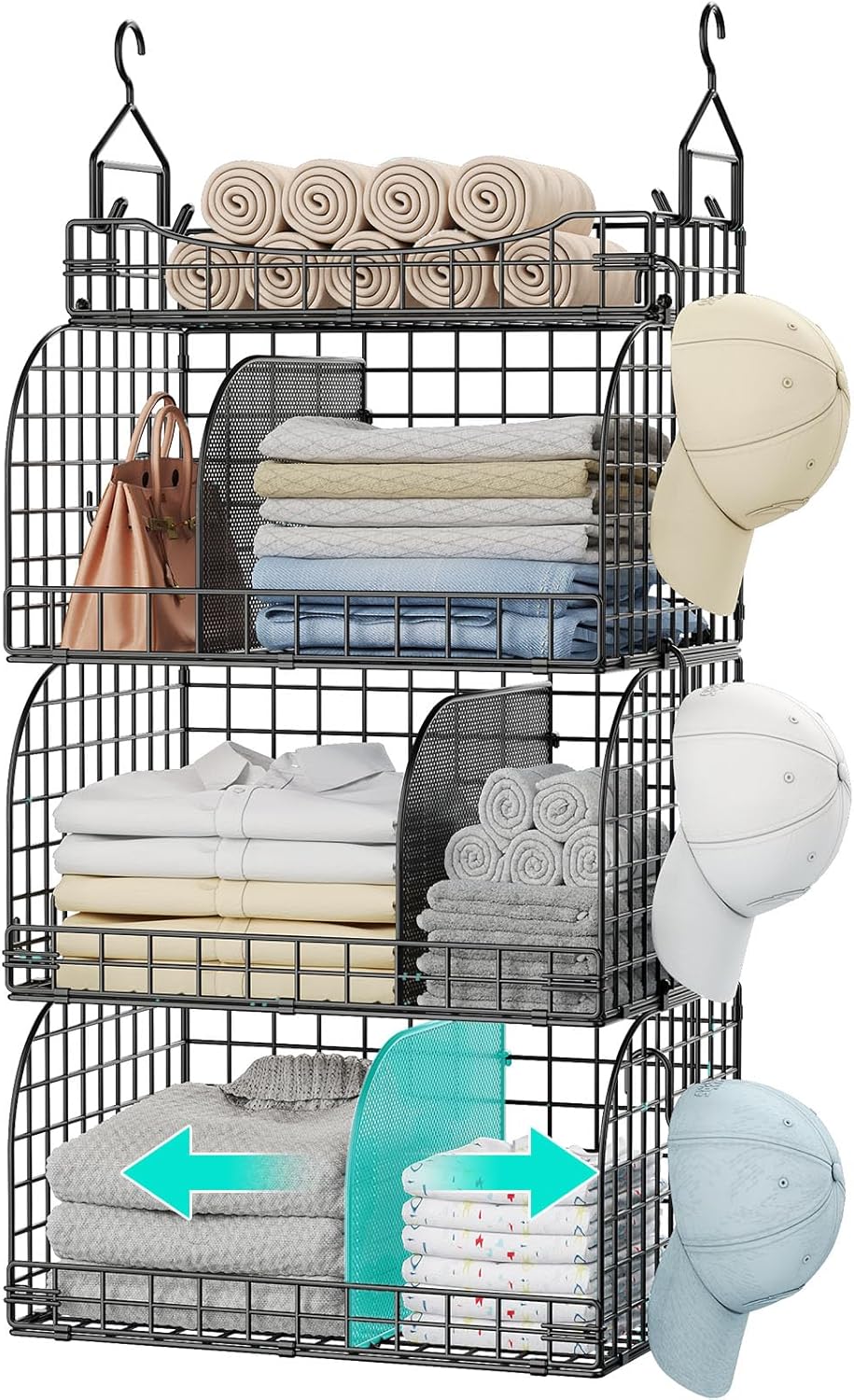 HapiRm Hanging Closet Organizer Storage - 4 Tier Metal Stackable Hanging Closet Shelves with