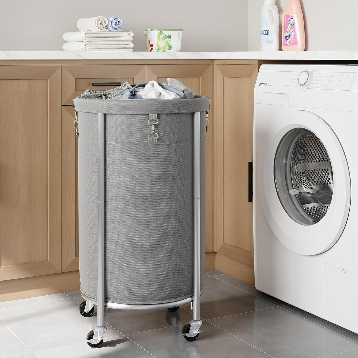 ELYKEN Laundry Hamper with Wheels, 110L Rolling Laundry Basket, Round Laundry Cart with Steel Frame