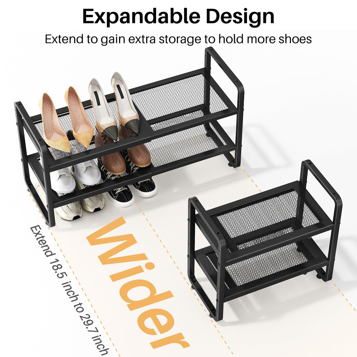 Expandable Metal Shoe Rack for Closet, Entryway & Garage, 2-Tier, Black