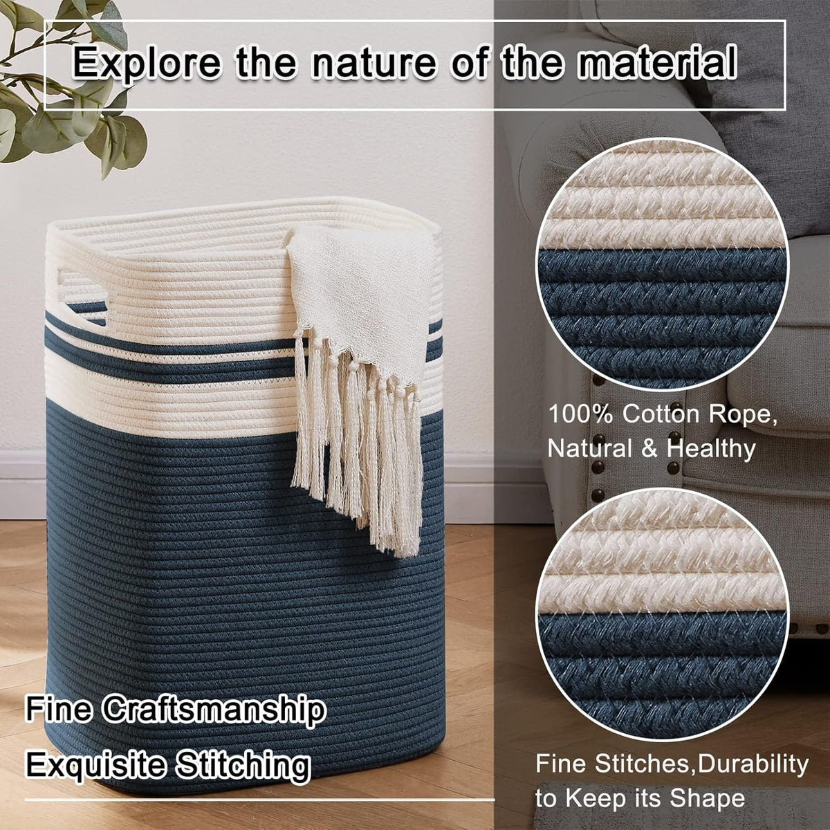 OIAHOMY Laundry Hamper-Laundry Basket,Tall Cotton Storage Basket with Handles,Decorative Blanket
