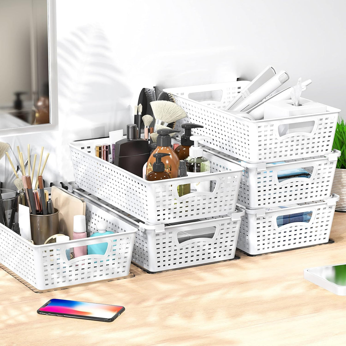 Simple Houseware Plastic Stackable Storage Basket Pantry Organizer, 6 Pack, 14.5" x 8.5" x 3.5"