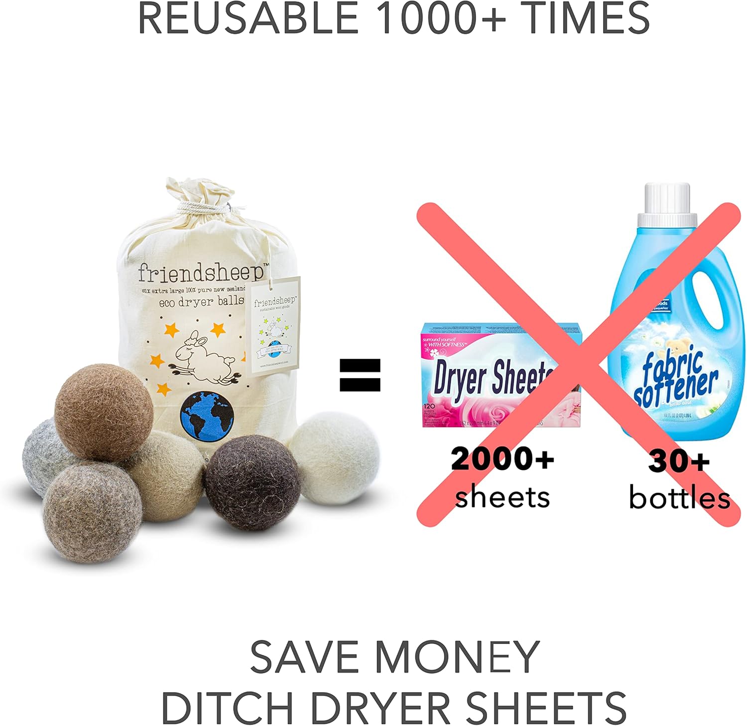 Friendsheep Wool Dryer Balls 6 Pack XL Organic Premium Reusable Cruelty Free Handmade Fair Trade No