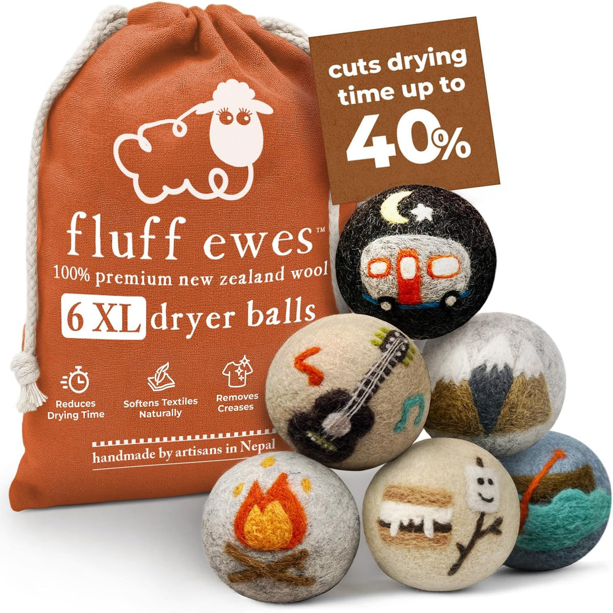 Fluff Ewes Wool Dryer Balls 6 Pack Premium New Zealand Wool Laundry Balls for Dryer, No Static
