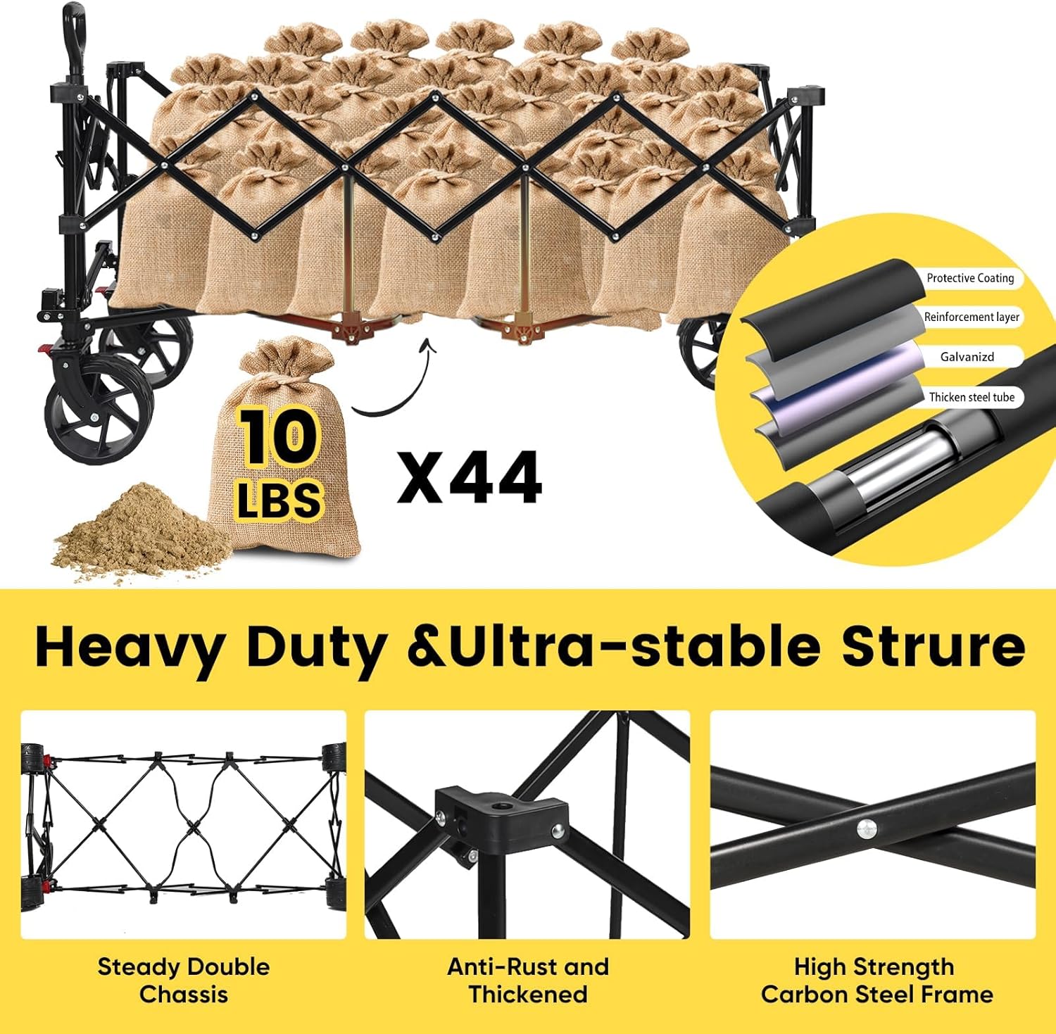 Sekey 48''L Collapsible Foldable Extended Wagon with 440lbs Weight Capacity, Heavy Duty 300L