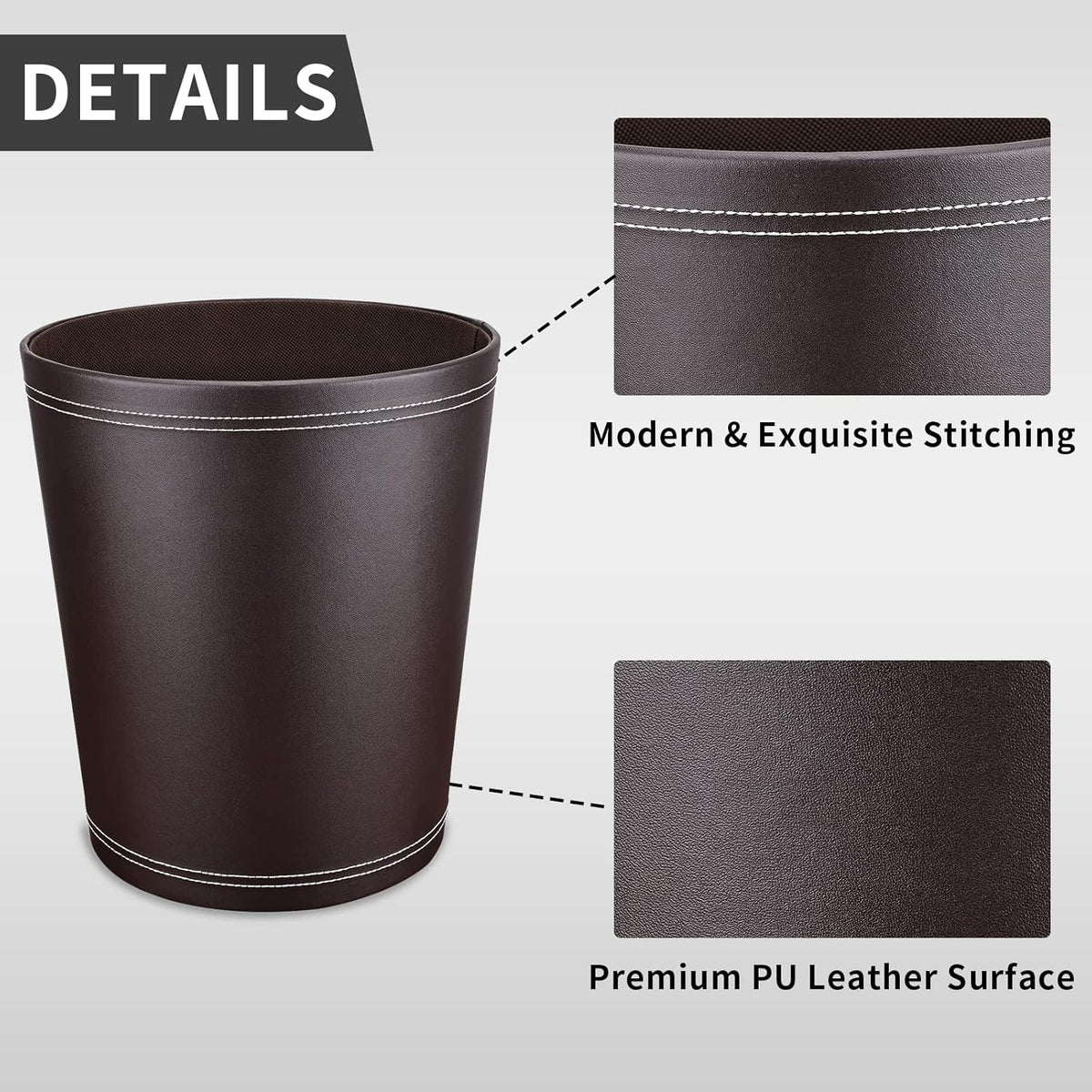 Pu Leather Trash Can for Bedroom, 2.6 Gallon Wastebasket for Office, Small Bathroom Garbage Cans
