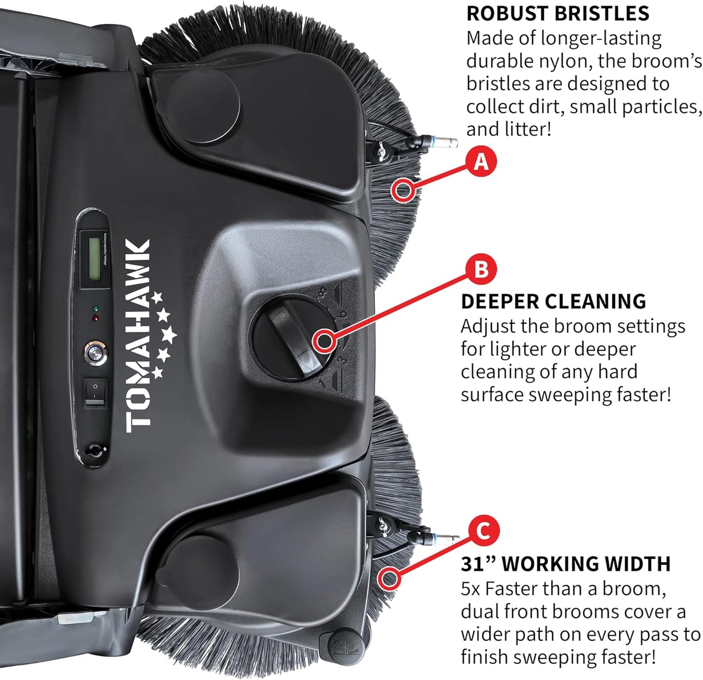 30" Battery Powered Push Sweeper with Triple Power Brooms Electric Drive and Dust Suppression (30"