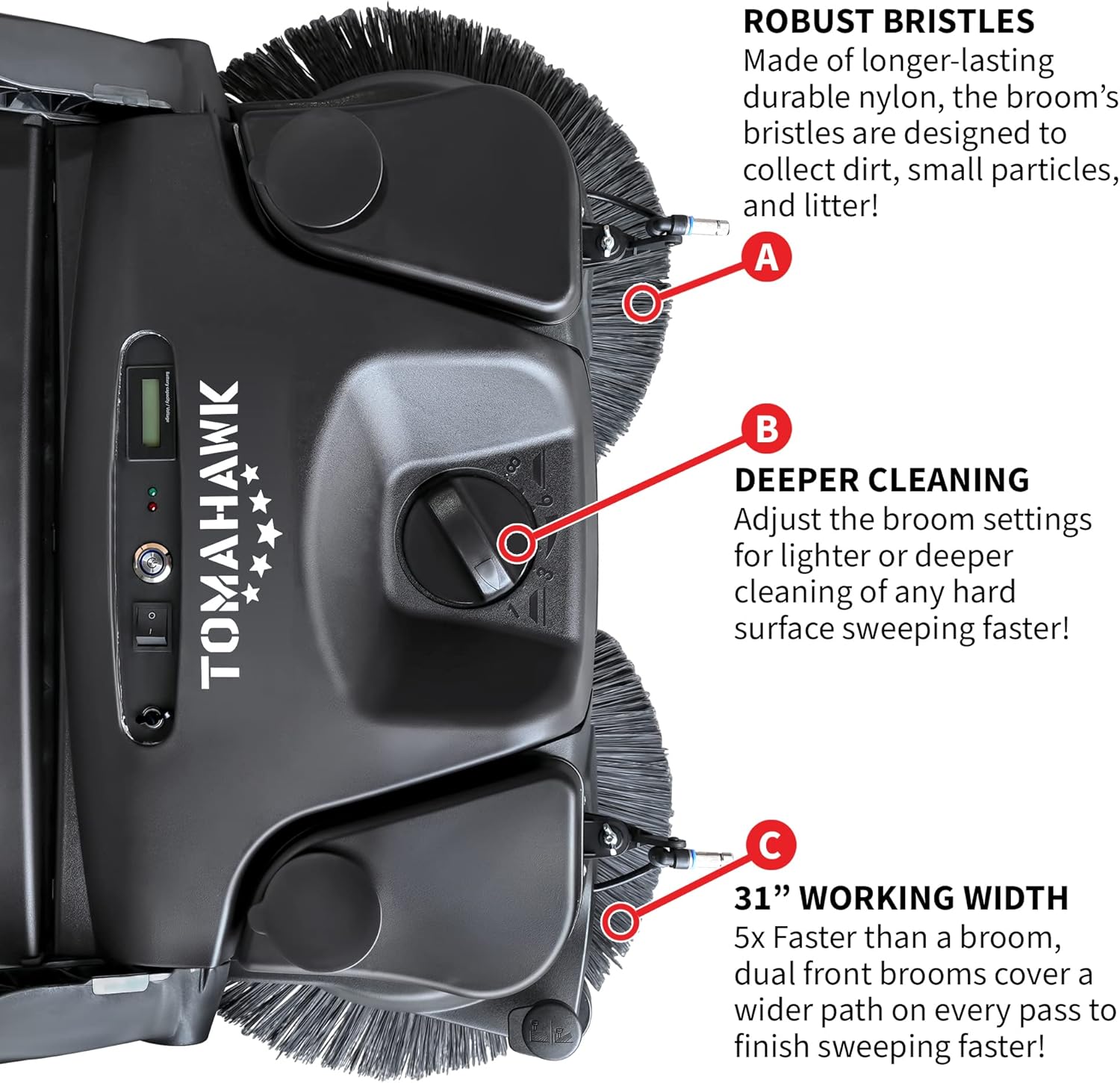 30" Battery Powered Push Sweeper with Triple Power Brooms Electric Drive and Dust Suppression (30"