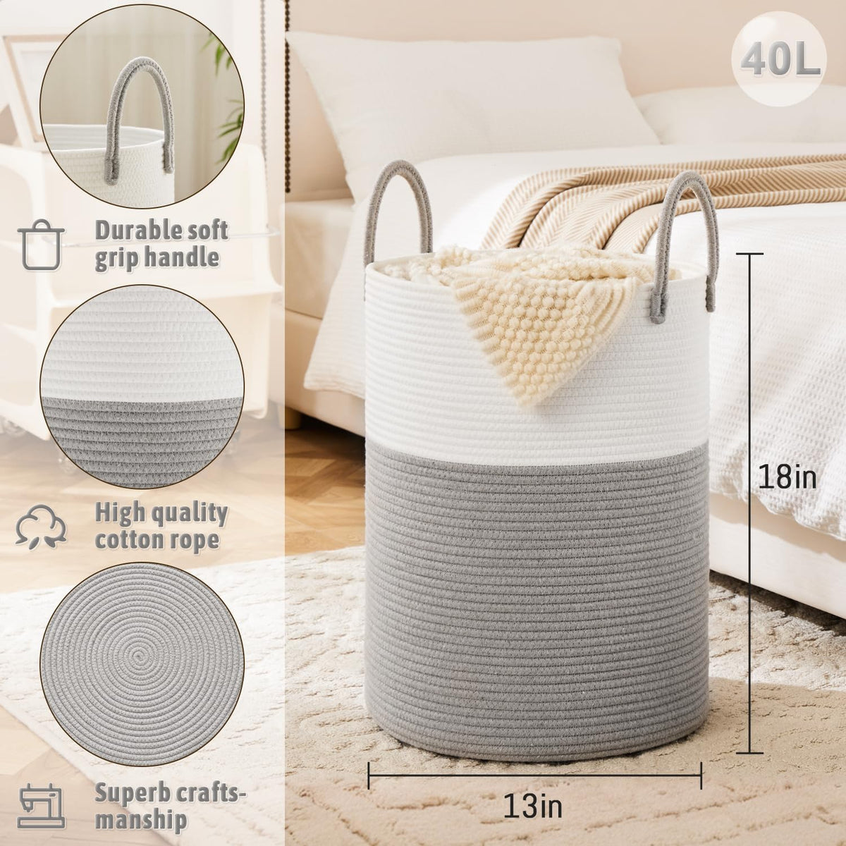Laundry Basket,Woven Cotton Rope Laundry Hamper,40L for Decorative Storage of Dirty Clothes,Toys