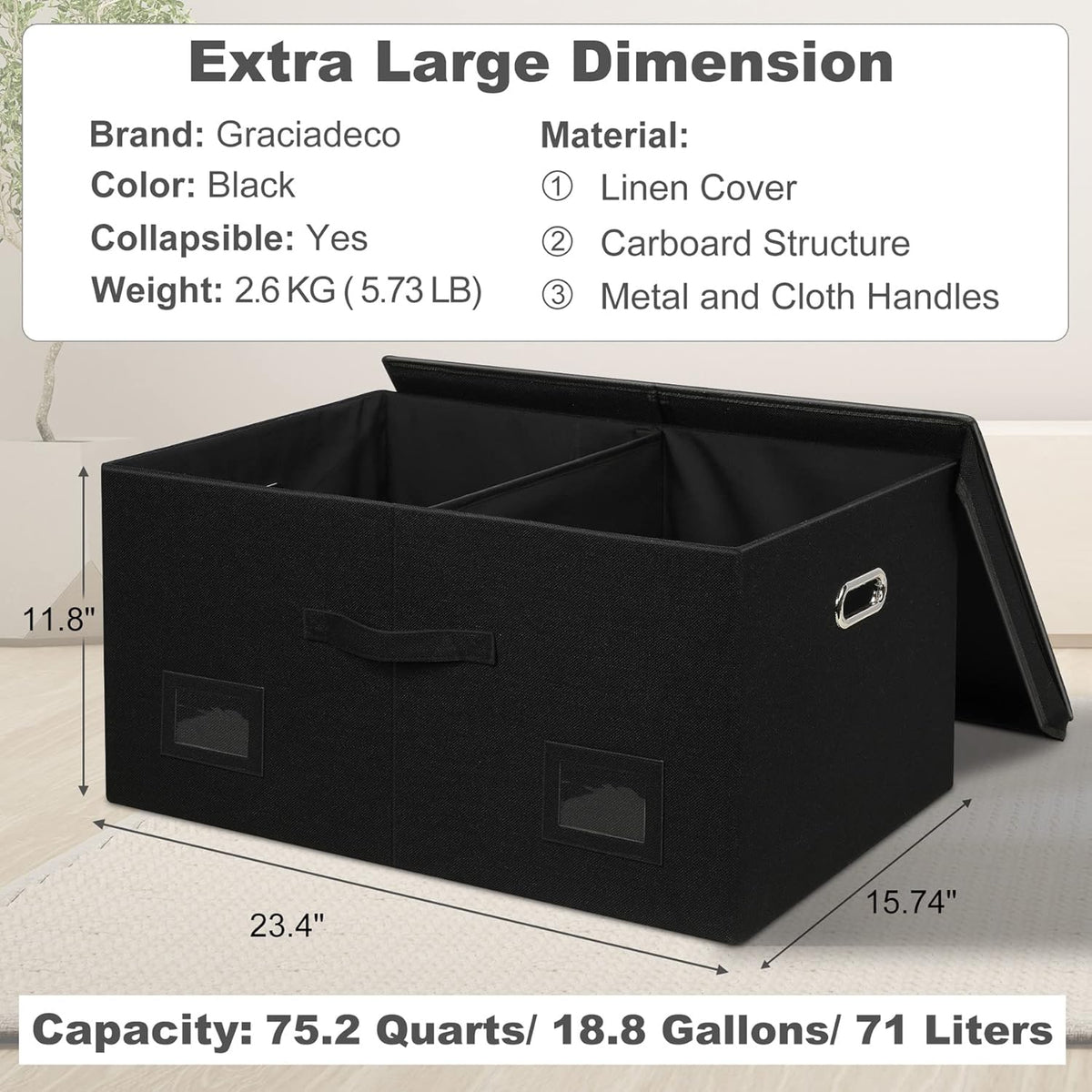 75 Quarts Extra Large Decorative Storage Bins with Lids, 3 Packs Black Collapsible Storage Bins