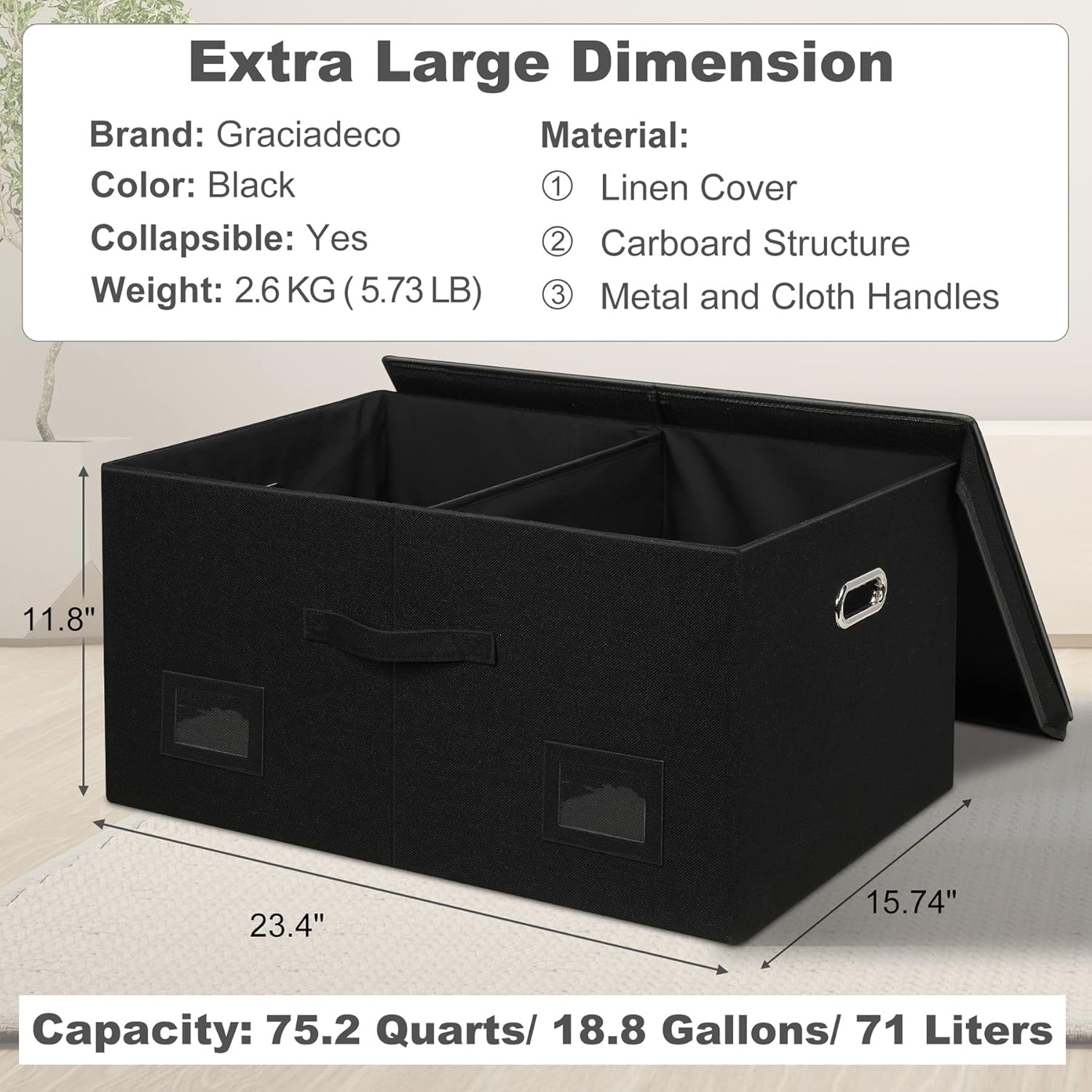 75 Quarts Extra Large Decorative Storage Bins with Lids, 3 Packs Black Collapsible Storage Bins
