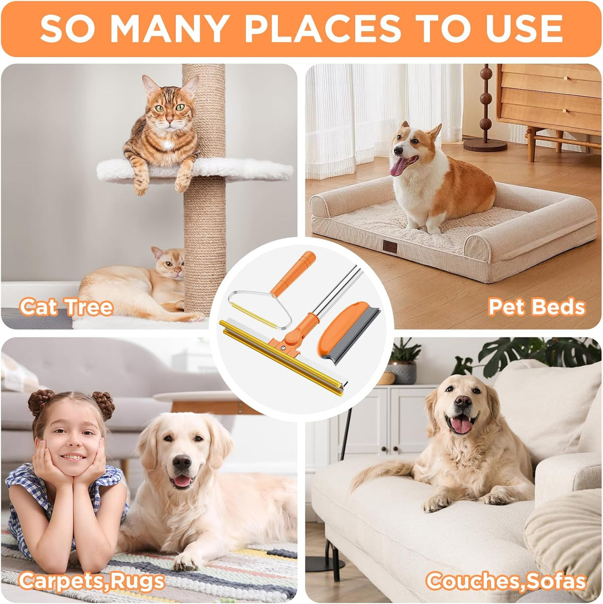 3 in 1 Carpet Rake for Pet Hair Removal, Tool Set of 3, 55” Long Handle Carpet Pet Hair Removal