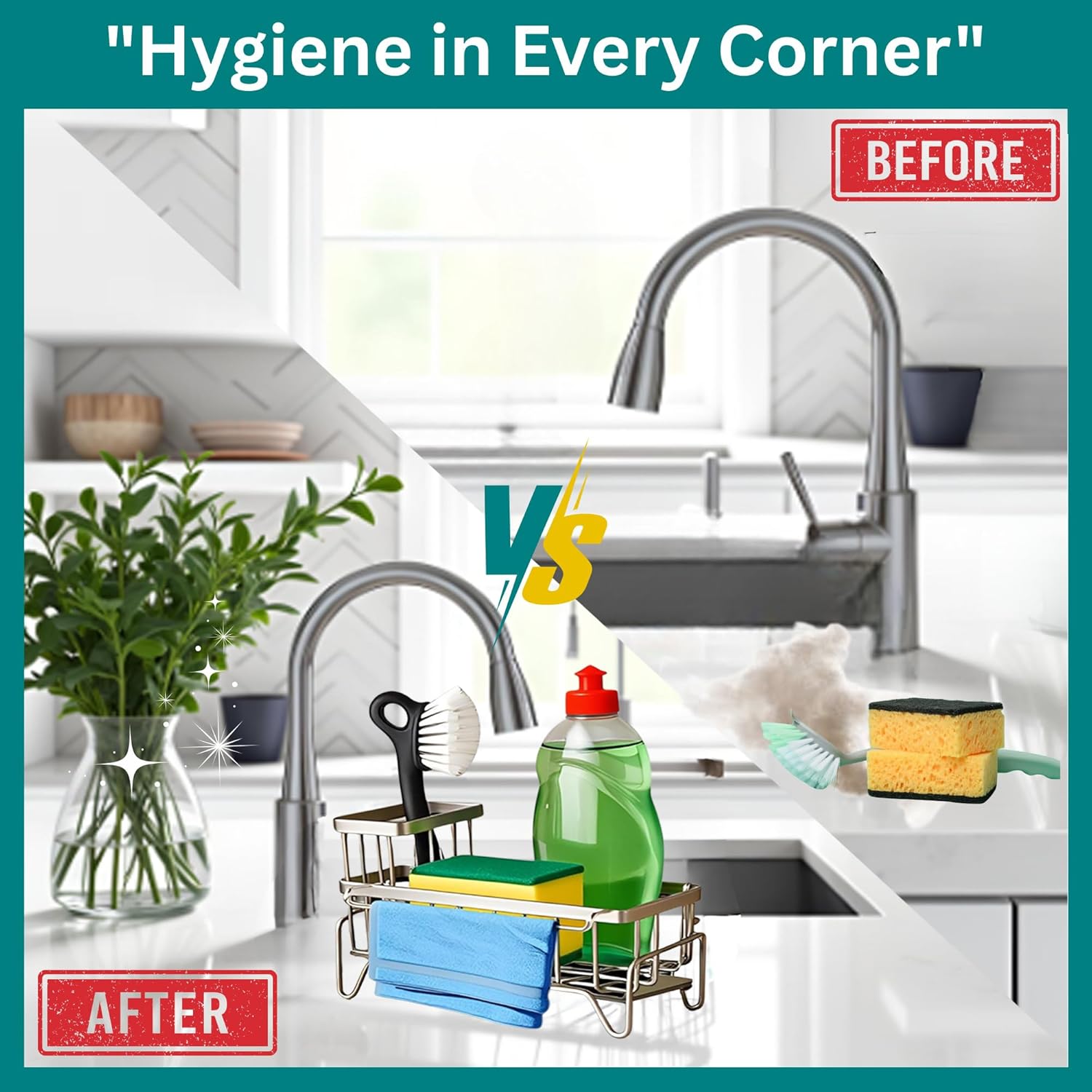 Sponge Holder for Kitchen Sink Self-Draining Sink Caddy with Brush & Dishcloth Holders Stainless