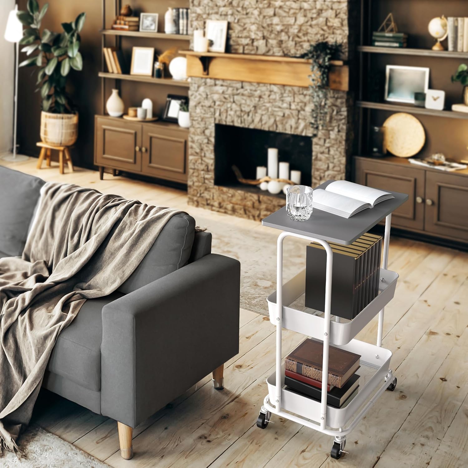 Simple Houseware 2-Tier Rolling Utility Cart with Lockable Wheels and Wood Top, Metal Storage