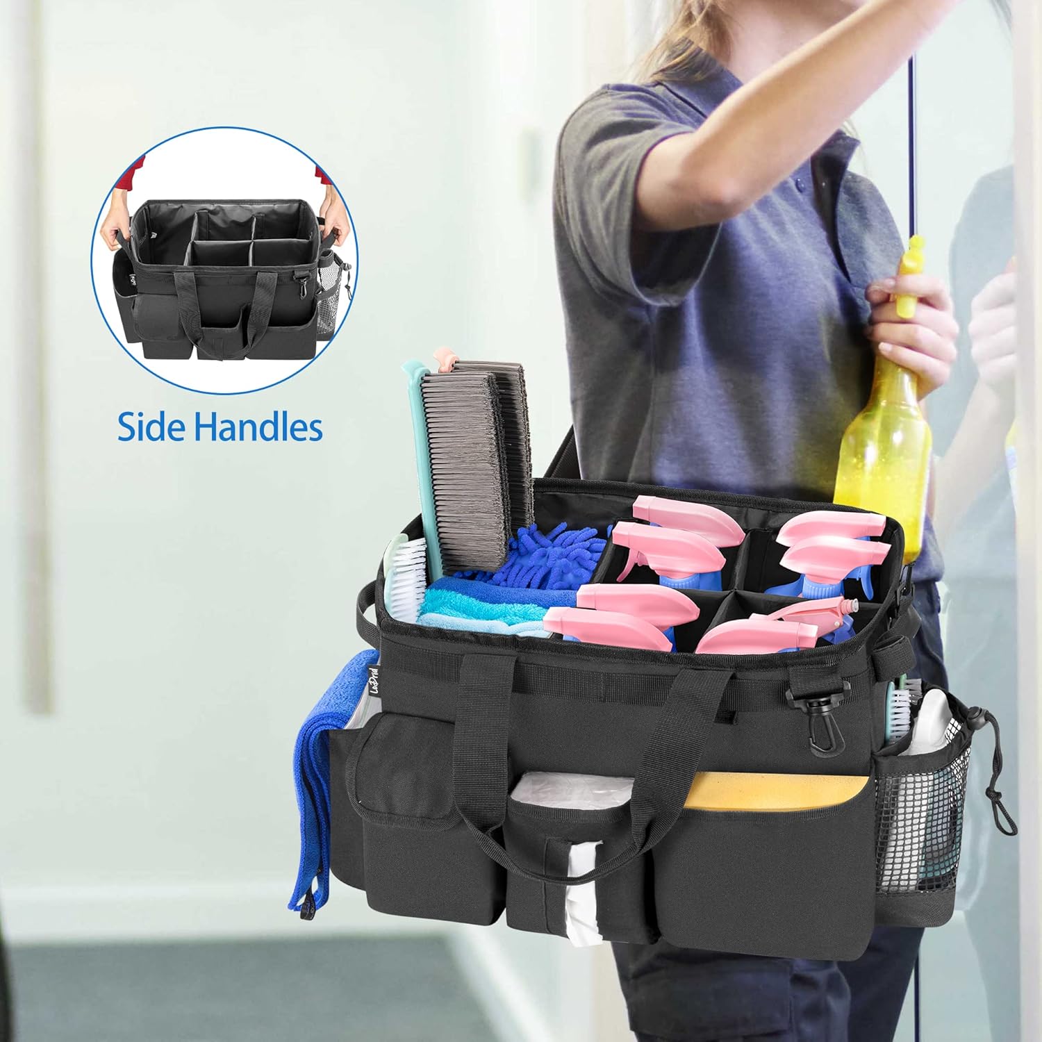 LoDrid Large Wearable Cleaning Caddy Bag with Detachable Divider, Cleaning Supply Tote with