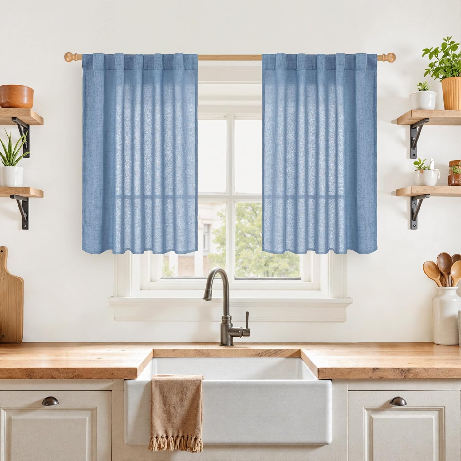 YoungsTex Denim Blue Linen Curtains 36 Inches Long for Bathroom Window, Small Drapes Light