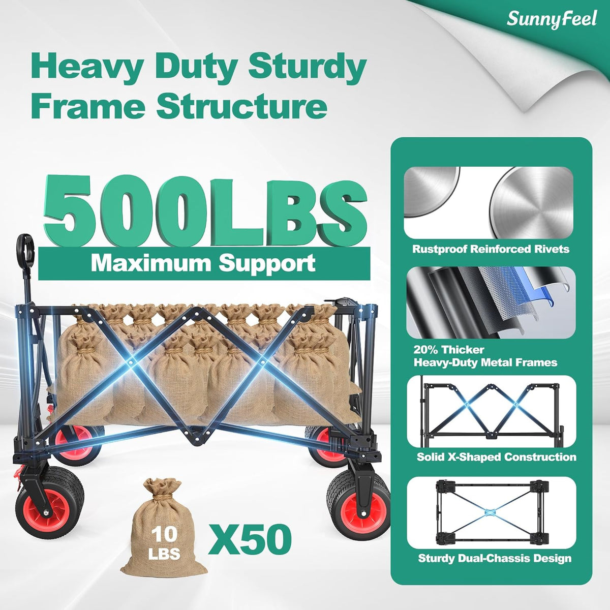 SUNNYFEEL Heavy Duty Collapsible Outdoor Utility Wagon Cart 500LB Capacity Adjustable