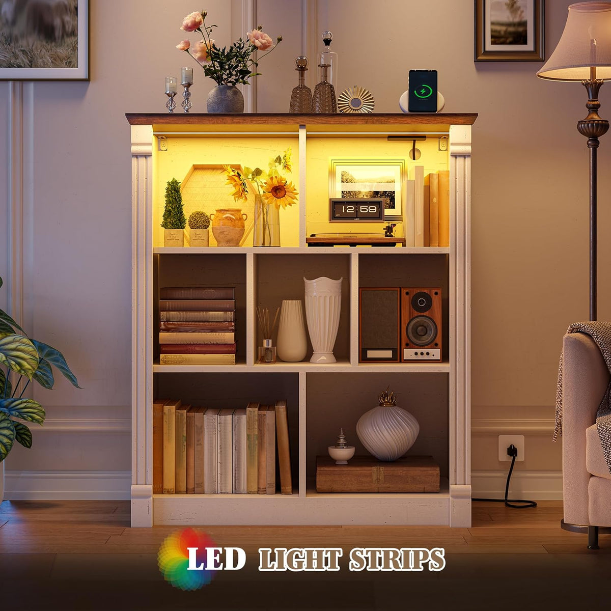 EnHomee 7 Cube Storage Organizer with LED Light and Charging Station Wood Cube Shelf White