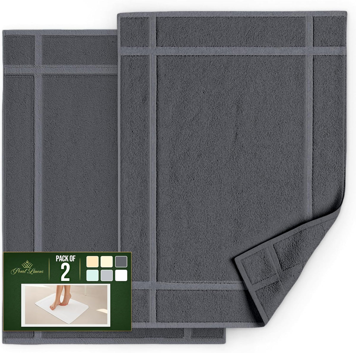 Pearl Linens Pack of 2 Washable Cotton Bath Mat 18x25 - Soft & Absorbent Quick Dry Bathroom Mat