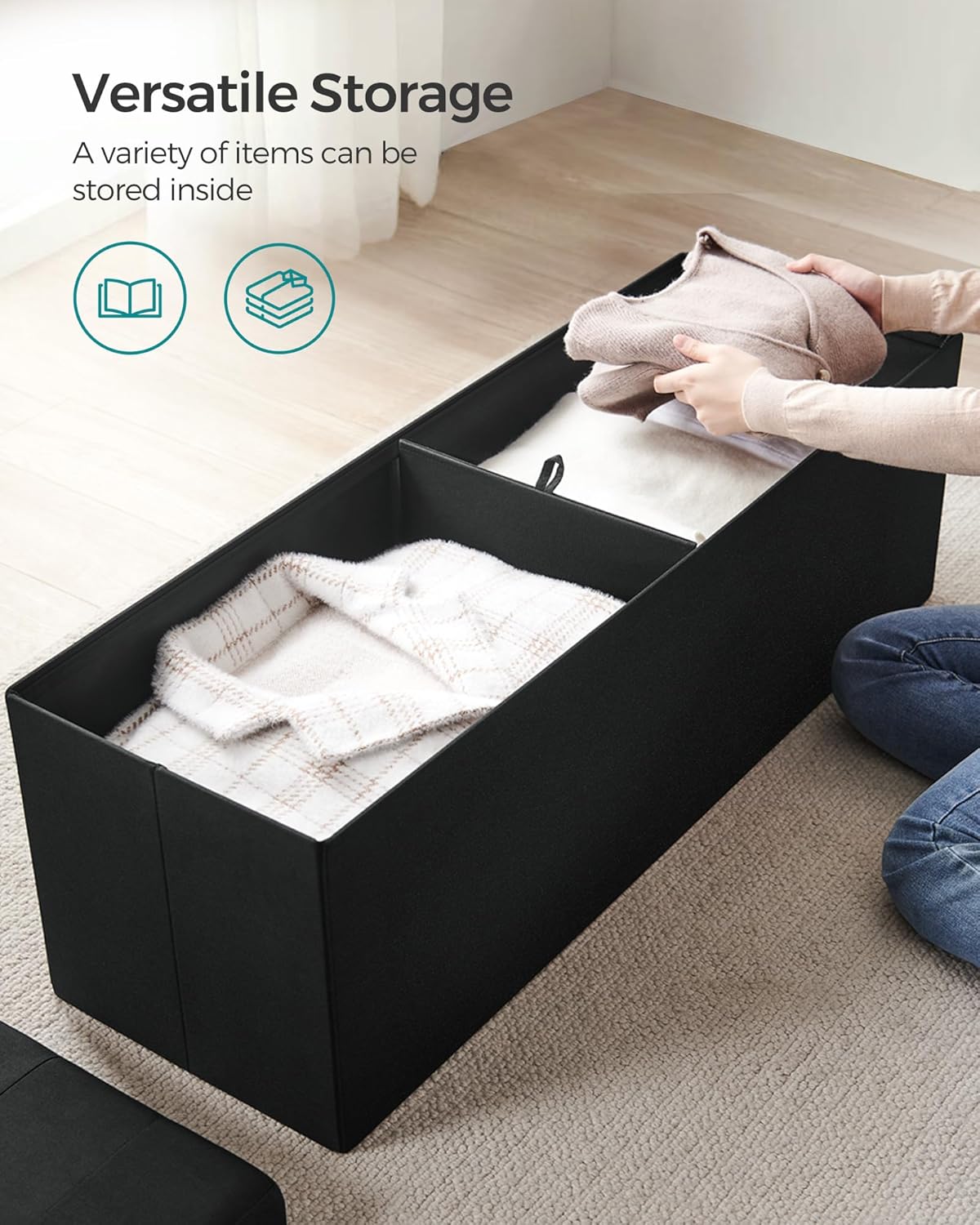 SONGMICS MAZIE Collection - 43 Inches Folding Storage Ottoman Bench, Ottoman Foot Rest, End of Bed