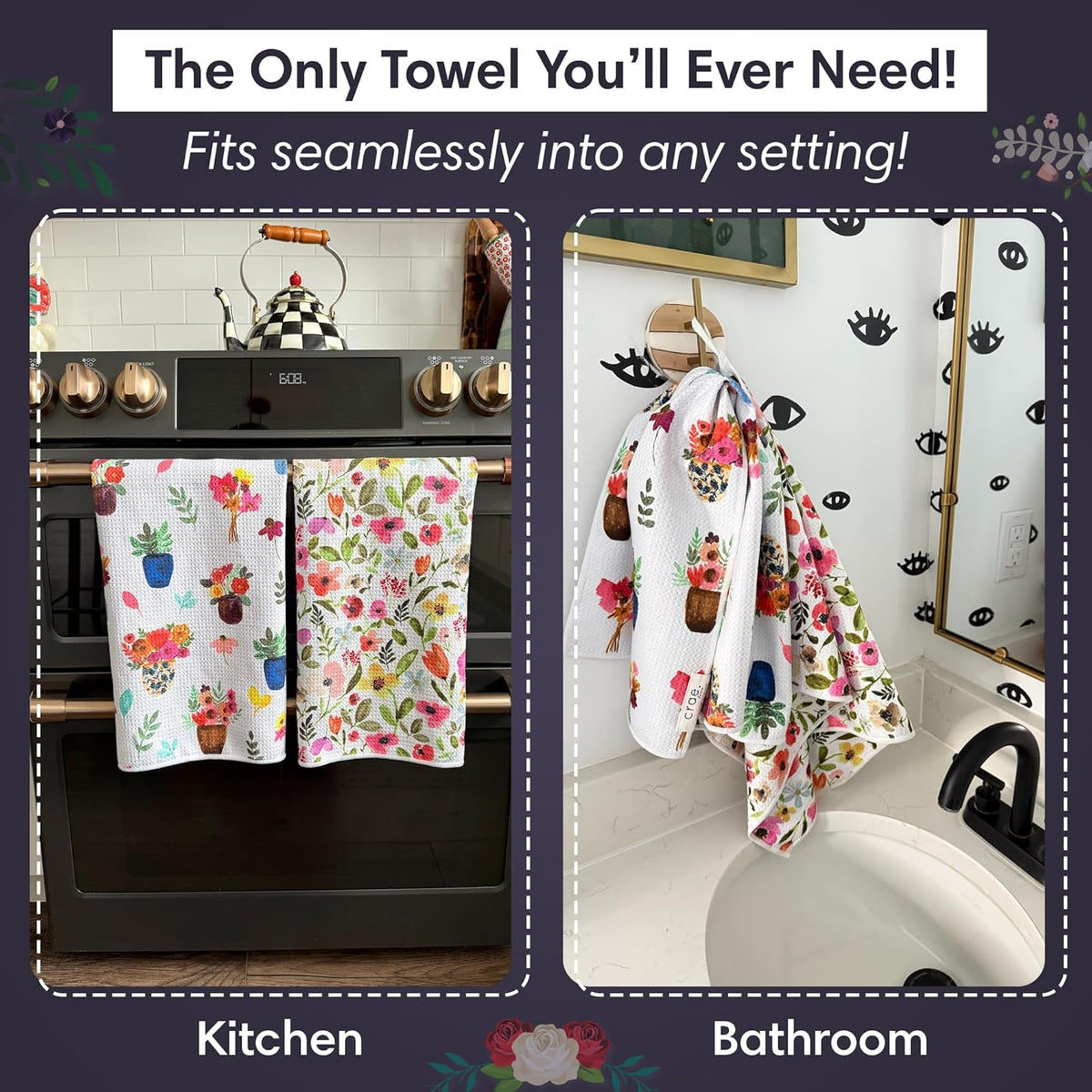 2 Double Sided Microfiber Hand Towels, 17x27 Inches Waffle Design Kitchen Towels Set, Durable &