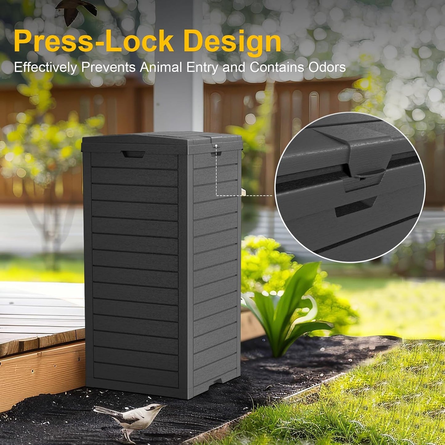 31 Gallon Outdoor Trash Can with Tiered Lid and Drip Tray,Waterproof Resin Waste Bin