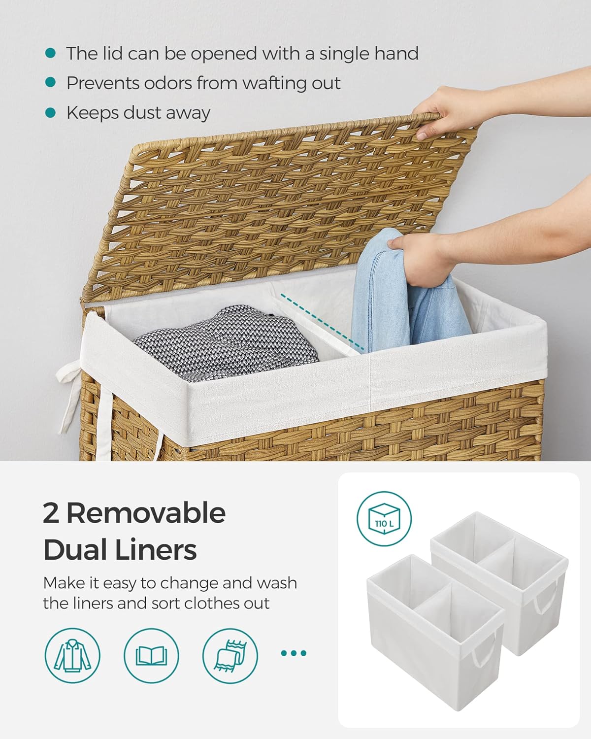 SONGMICS Laundry Hamper with Lid, 110L Clothes Hamper with 2 Removable Liner Bags, 6 Mesh Bags