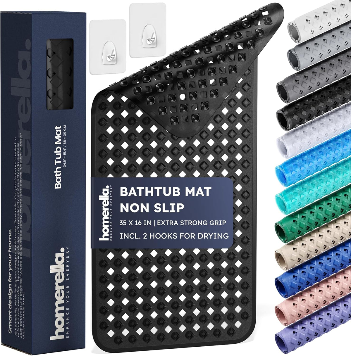 homerella® Bathtub Mat Non Slip 35x16, Incl. Hooks for Drying, Extra Long, 100% BPA Free, Shower