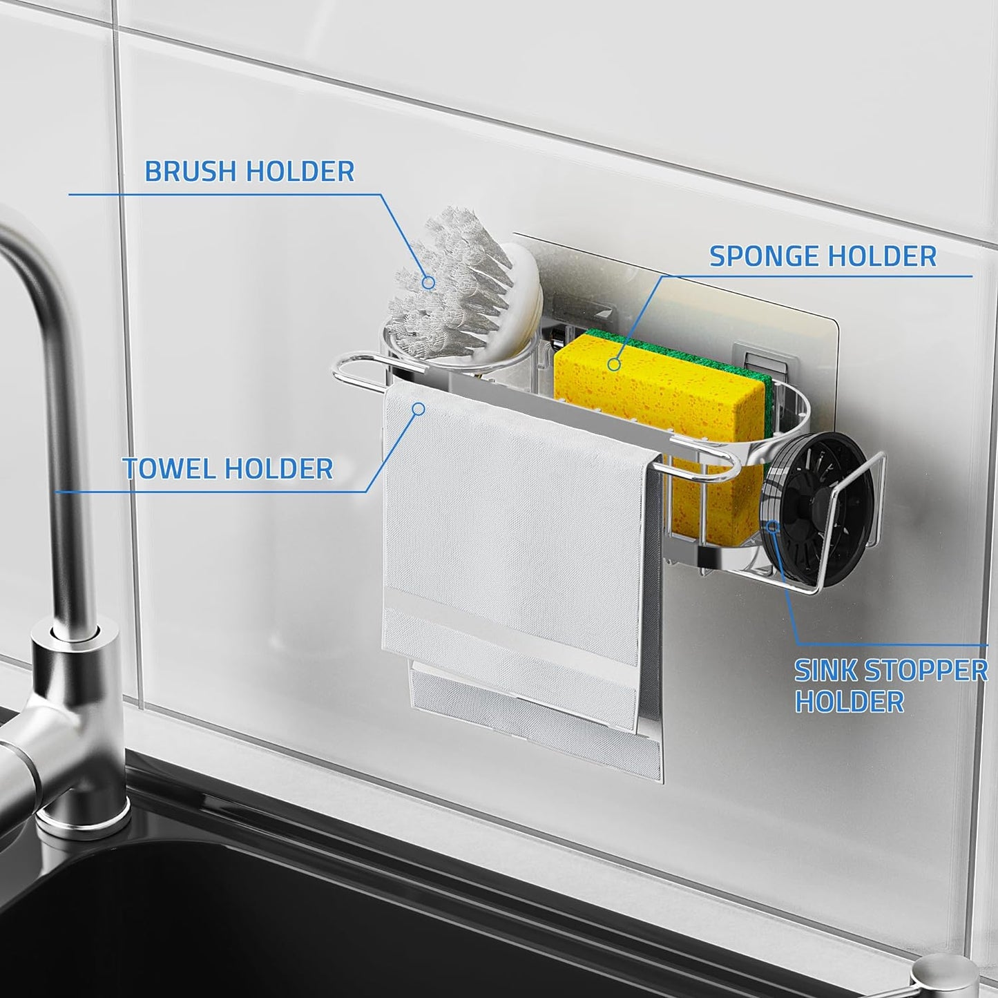 Cisily Kitchen Sink Caddy Sponge Holder in The Sink, Stainless Steel Kitchen Sink Organizer, Brush