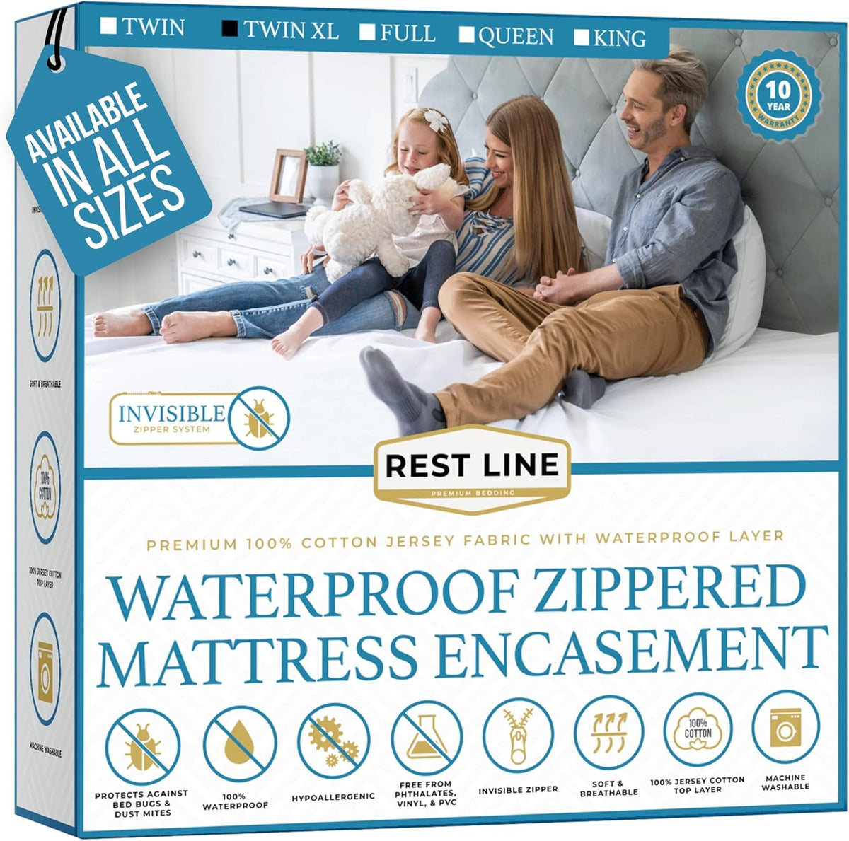 Twin XL Size 39x80” Premium Waterproof Zippered Mattress Encasement, 100% Cotton, Hypoallergenic