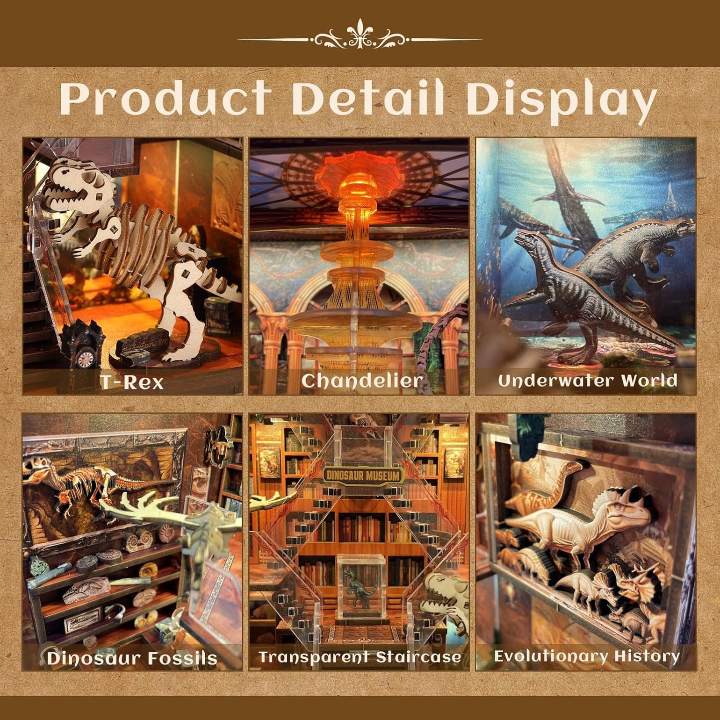 Book Nook Kit for Adults - DIY Dinosaur Museum Booknook, 3D Wooden Dollhouse Puzzle with LED