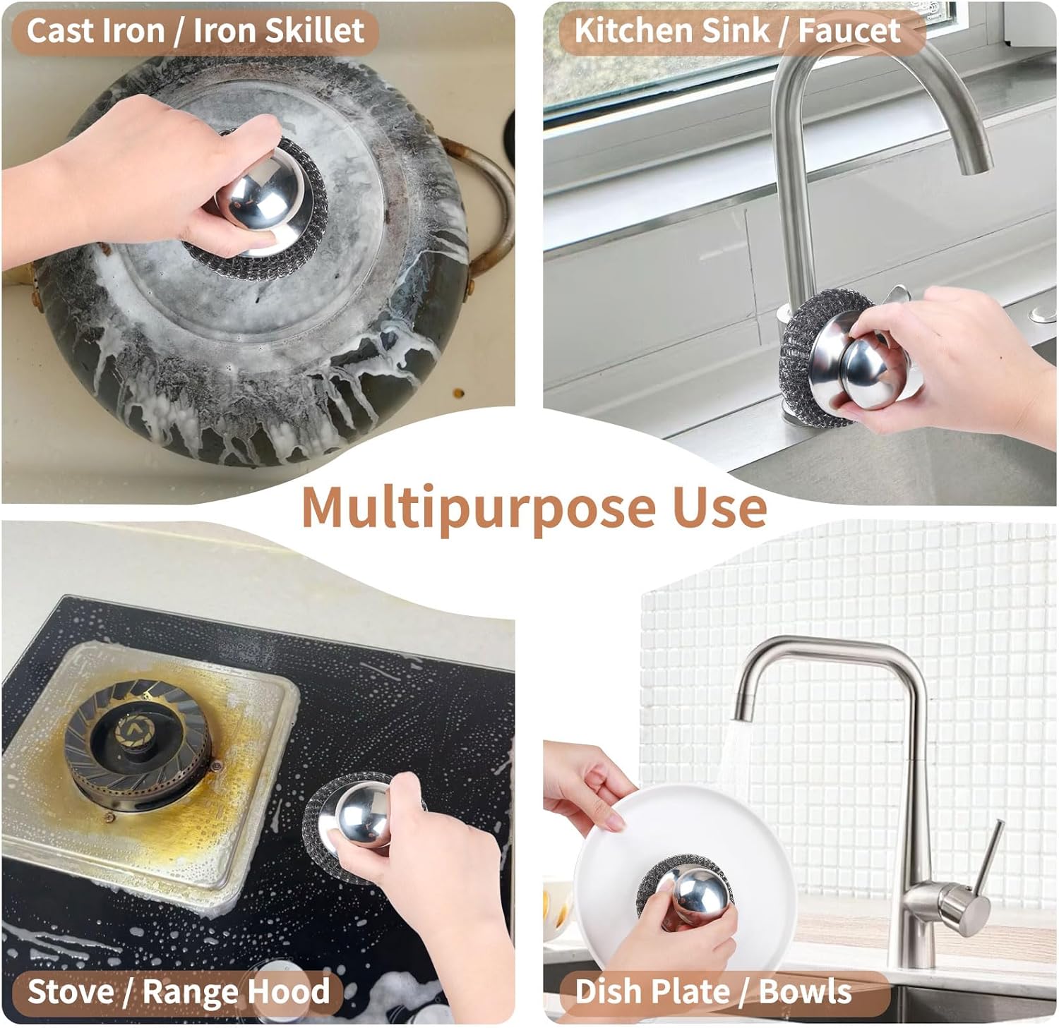 4pcs Steel Wool Scrubber with Replacement Wire Sponge Pads Set, Stainless Steel Scrubber with