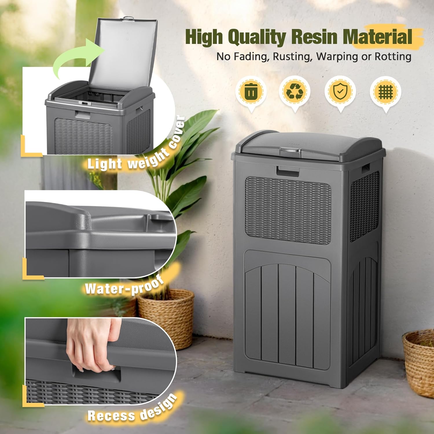 Devoko 33 Gallon Outdoor Trash Can with Dual Lid, Heavy Duty Waterproof Resin Garbage Bins Outside
