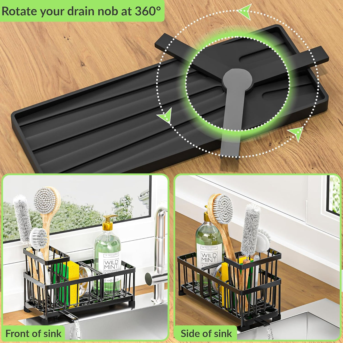 Self-Draining Kitchen Sink Caddy with Elevated Brush Holder – Rustproof Stainless Steel