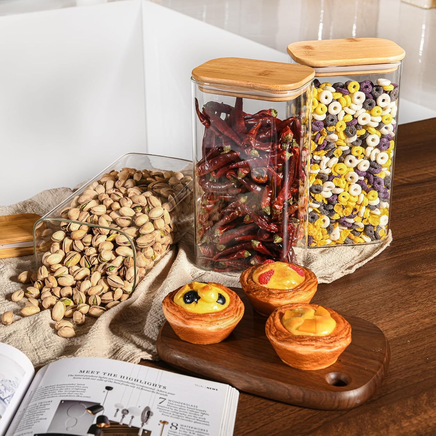 56oz Rectangle Airtight Glass Storage Containers with Bamboo Lids (Set of 4), Square Food Storage