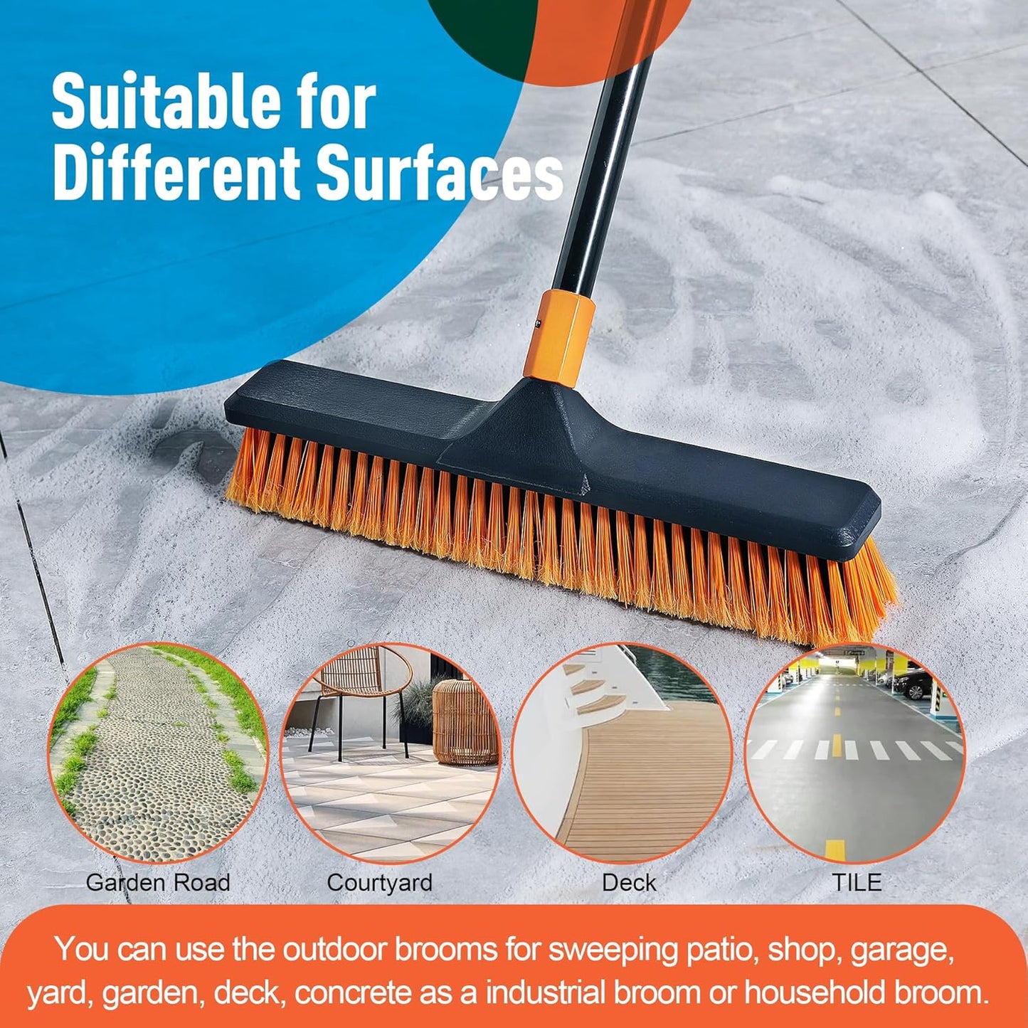 18" Push Broom Outdoor for Floor Cleaning with Extendable Long Handle, Stiff Bristle Heavy Duty