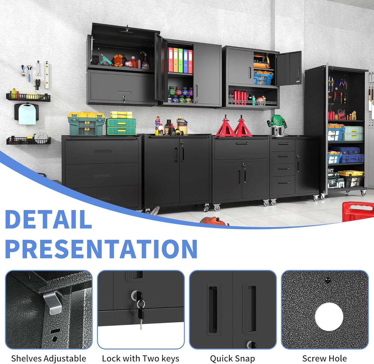 Garage Wall Cabinet with Doors and Shelves, Metal Wall Mounted Storage Cabinet with Lock, Hanging