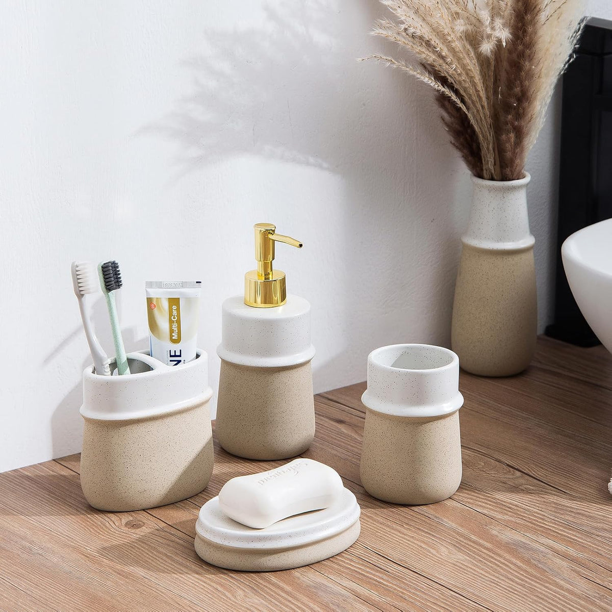 Beige Ceramic Soap Dispenser for Kitchen, Refillable Hand Dispenser with Rust Proof Stainless Steel
