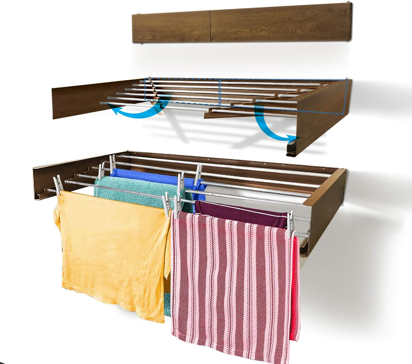 Step Up Laundry Drying Rack (40-INCH Wide - Wood-Look), Wall Mounted, Retractable Clothes Drying
