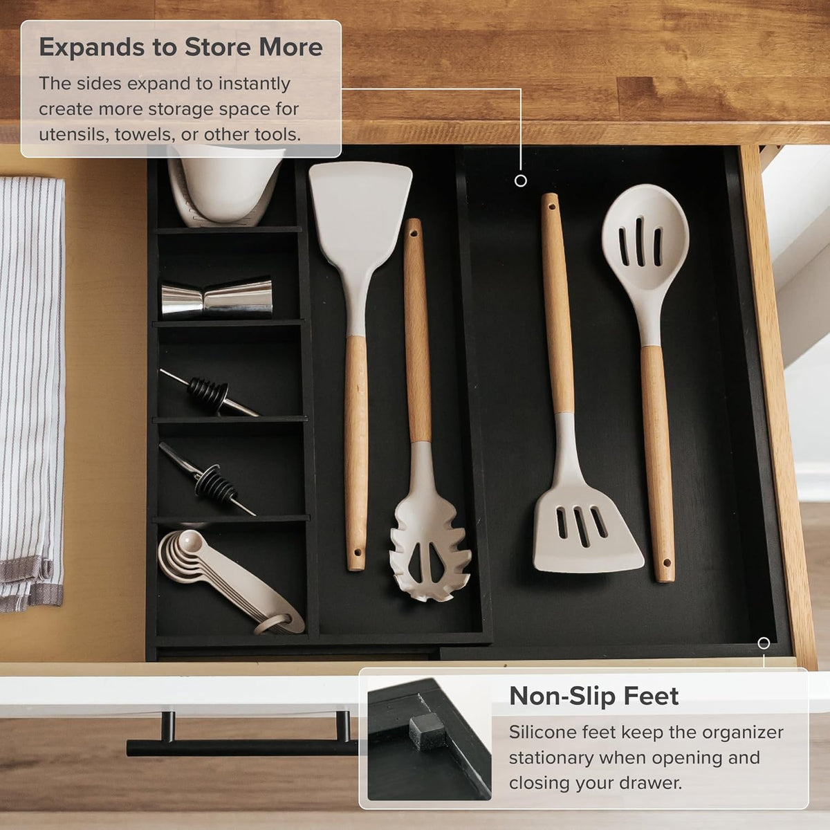 KitchenEdge Adjustable Kitchen Drawer Organizer for Utensils and Junk, Food-Safe Contract Grade