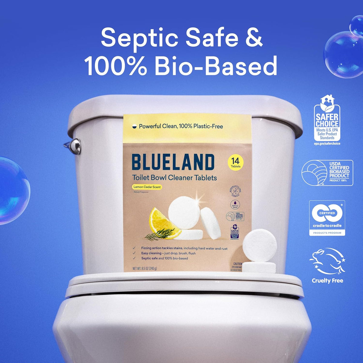 BLUELAND Toilet Bowl Cleaner Tablets, Starter Set, 14 Count with Tin, Lemon Cedar, Plastic-Free, No